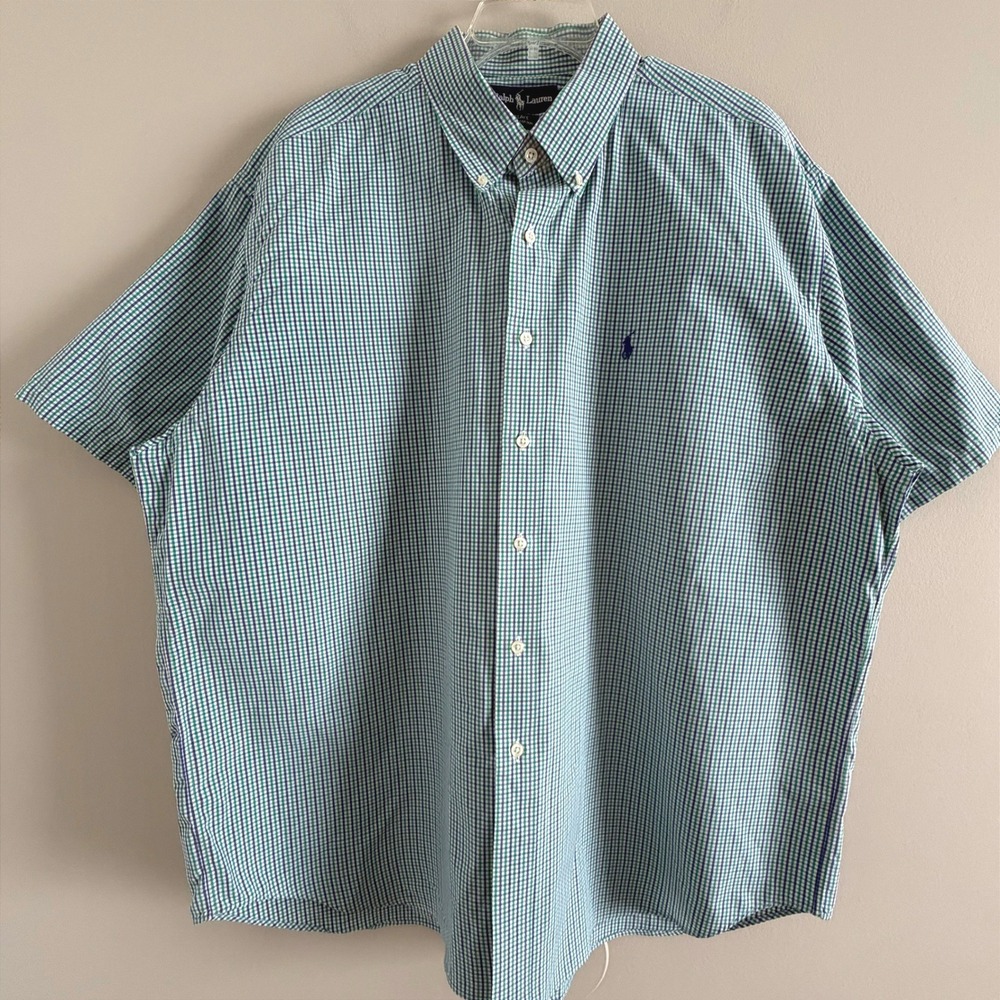 Ralph Lauren Mens XXL Blake Short Sleeve Gingham Button Down Green Blue